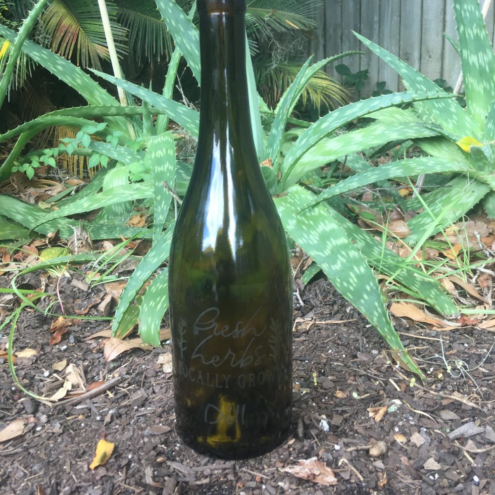 Etched Wine Bottle Design - Fresh Herbs Locally Grown "Dill"